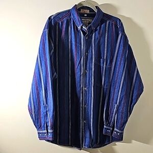 Double impact denim striped mens shirt. Size large. 1 front pocket 100% cotton.